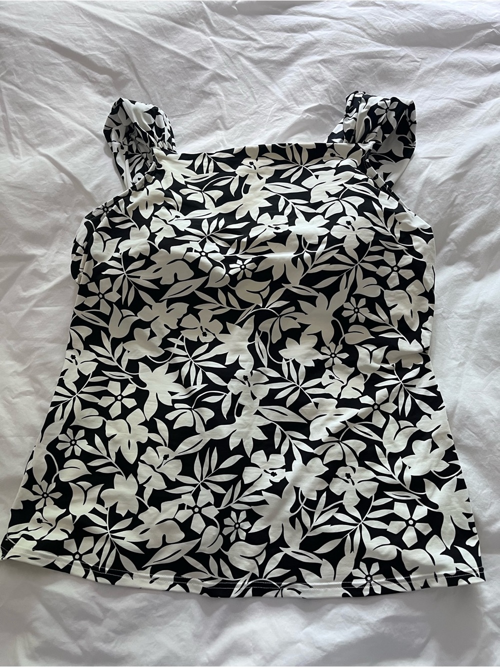 Lands' End Black and White Floral High-Neck Swim Tank